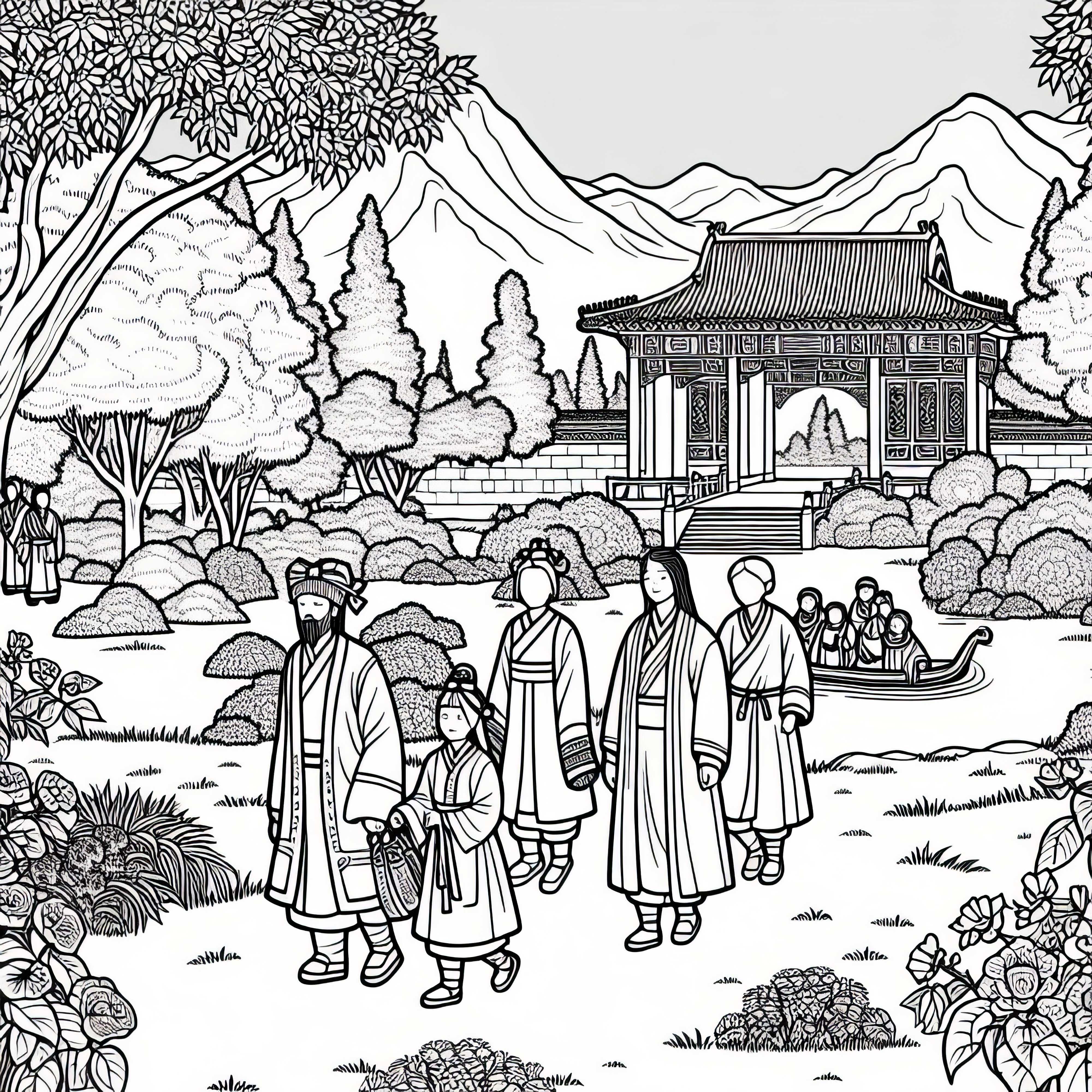 Lugn tr&auml;dg&aring;rdsanl&auml;ggning med m&auml;nniskor som promenerar &ndash; M&aring;larbild Gamla Kina Gratis