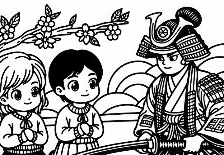 Children observe samurai practicing with swords - coloring page old Japan free of charge