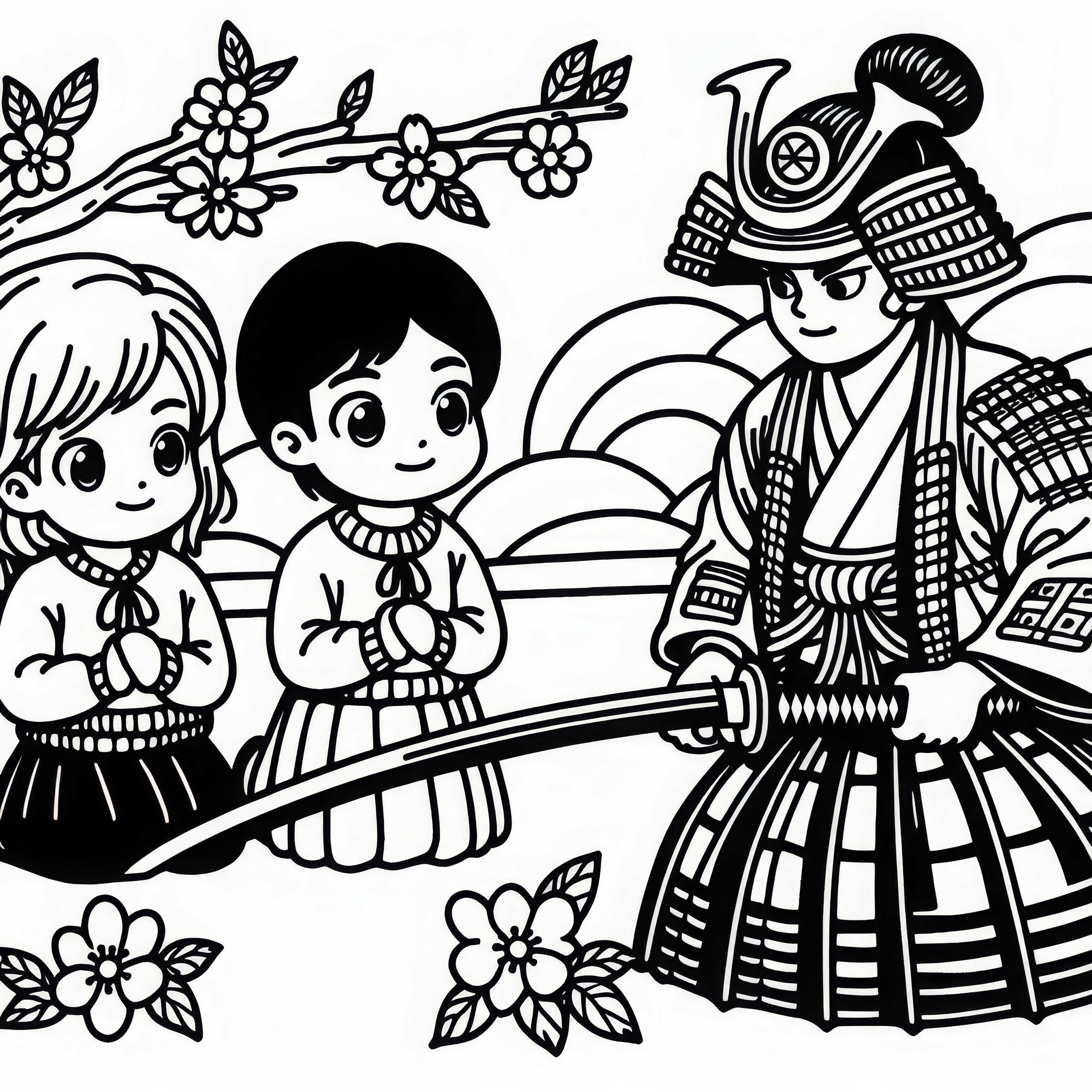 Children watch samurai practicing with swords &ndash; Coloring page Old Japan free