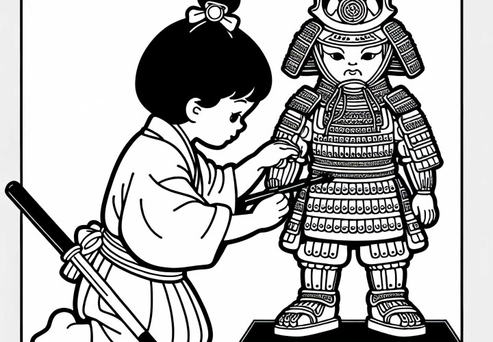 Child helps in creating a miniature armor for a puppet show – Coloring template Old Japan free