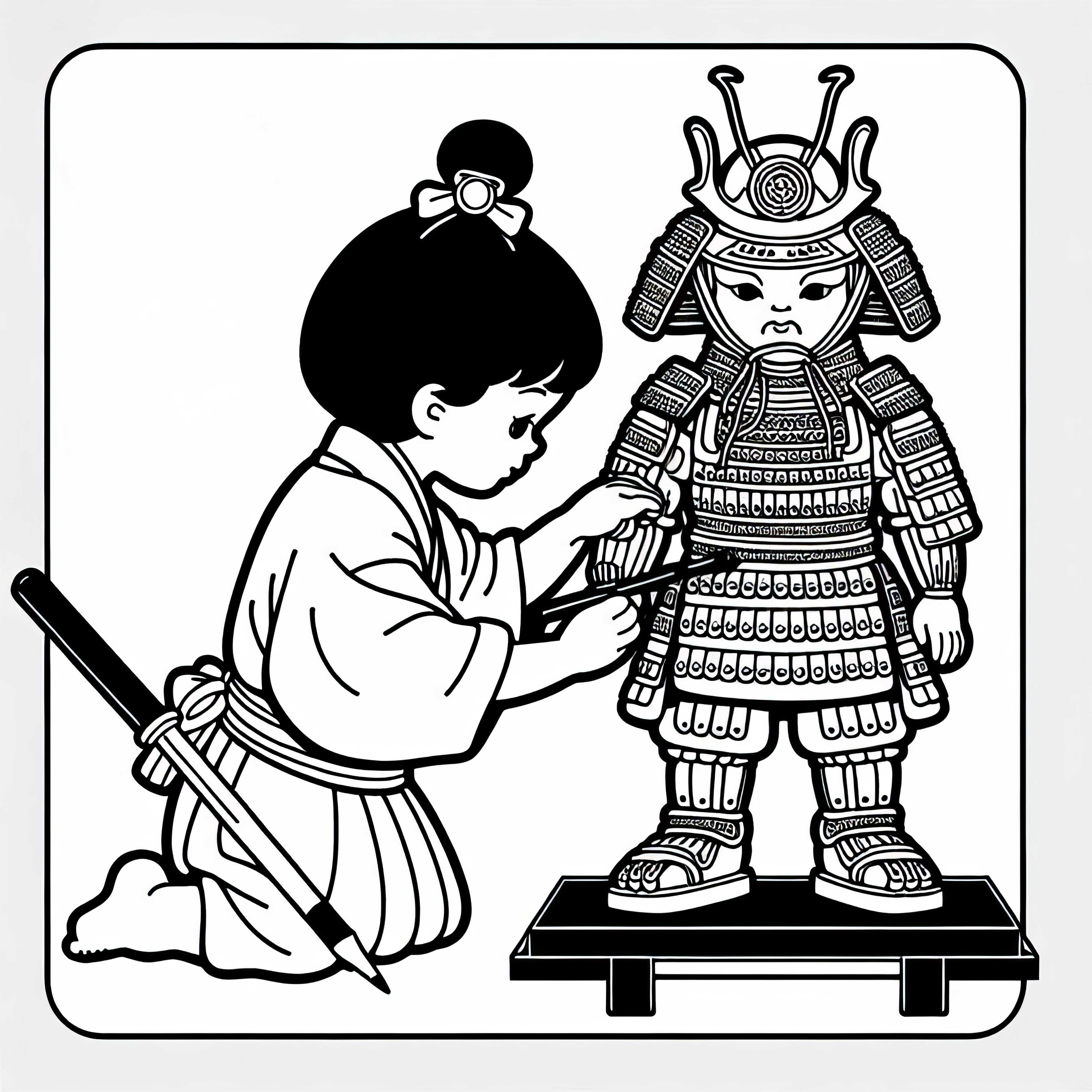 Child helps to create a miniature armor for a puppet show &ndash; Coloring template Ancient Japan free