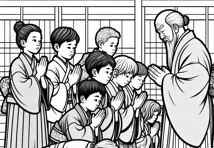 Children bowing to an older man in a kimono - Coloring page Old Japan free of charge