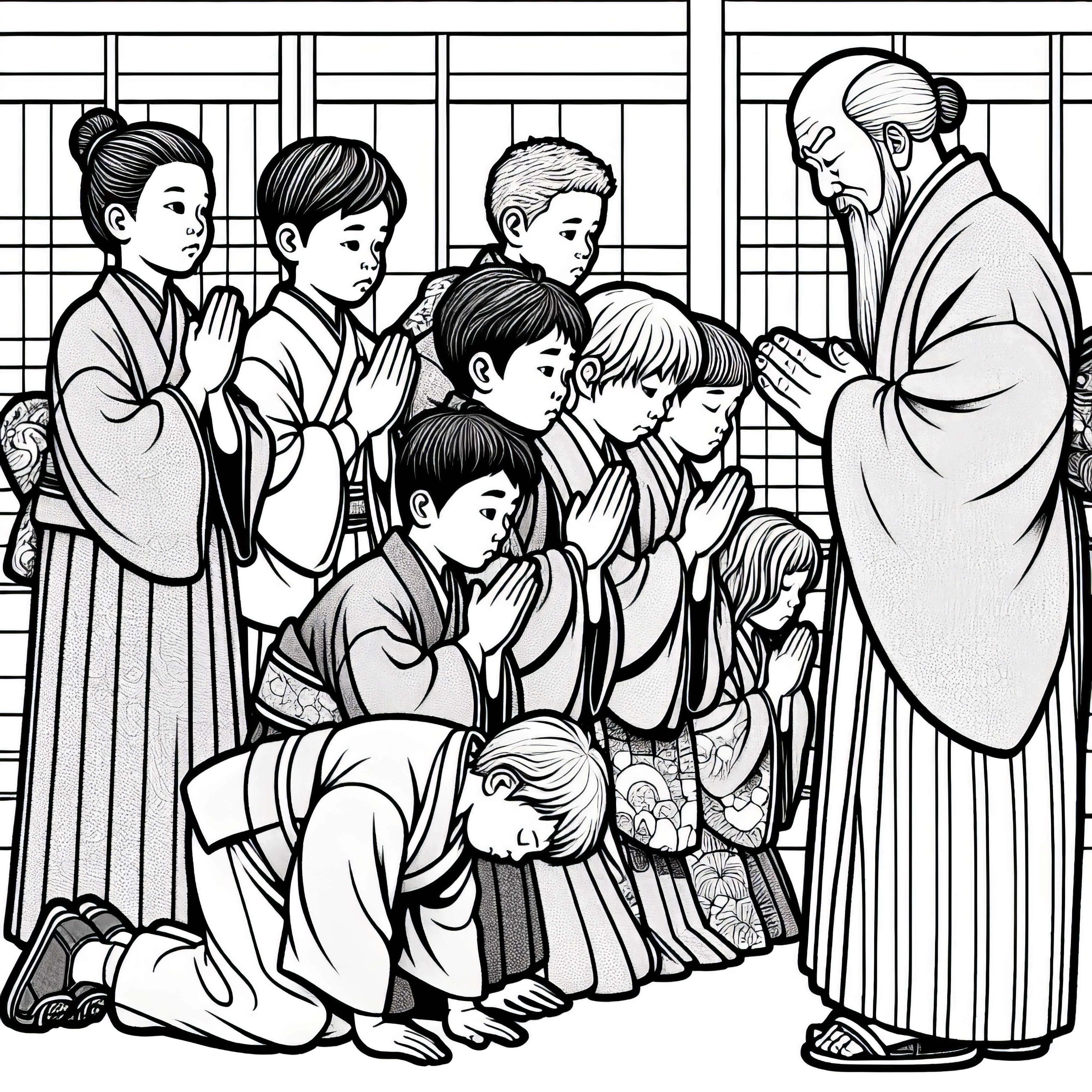 Children bow before an older man in a kimono - Coloring page Old Japan free Children bowing to an older man in a kimono - coloring page Old Japan free of charge