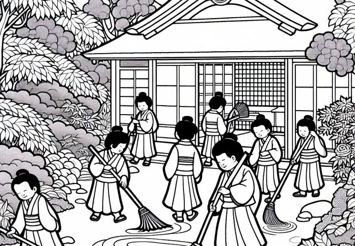 Japanese Garden: Children sweeping the paths – Coloring page Old Japan for free