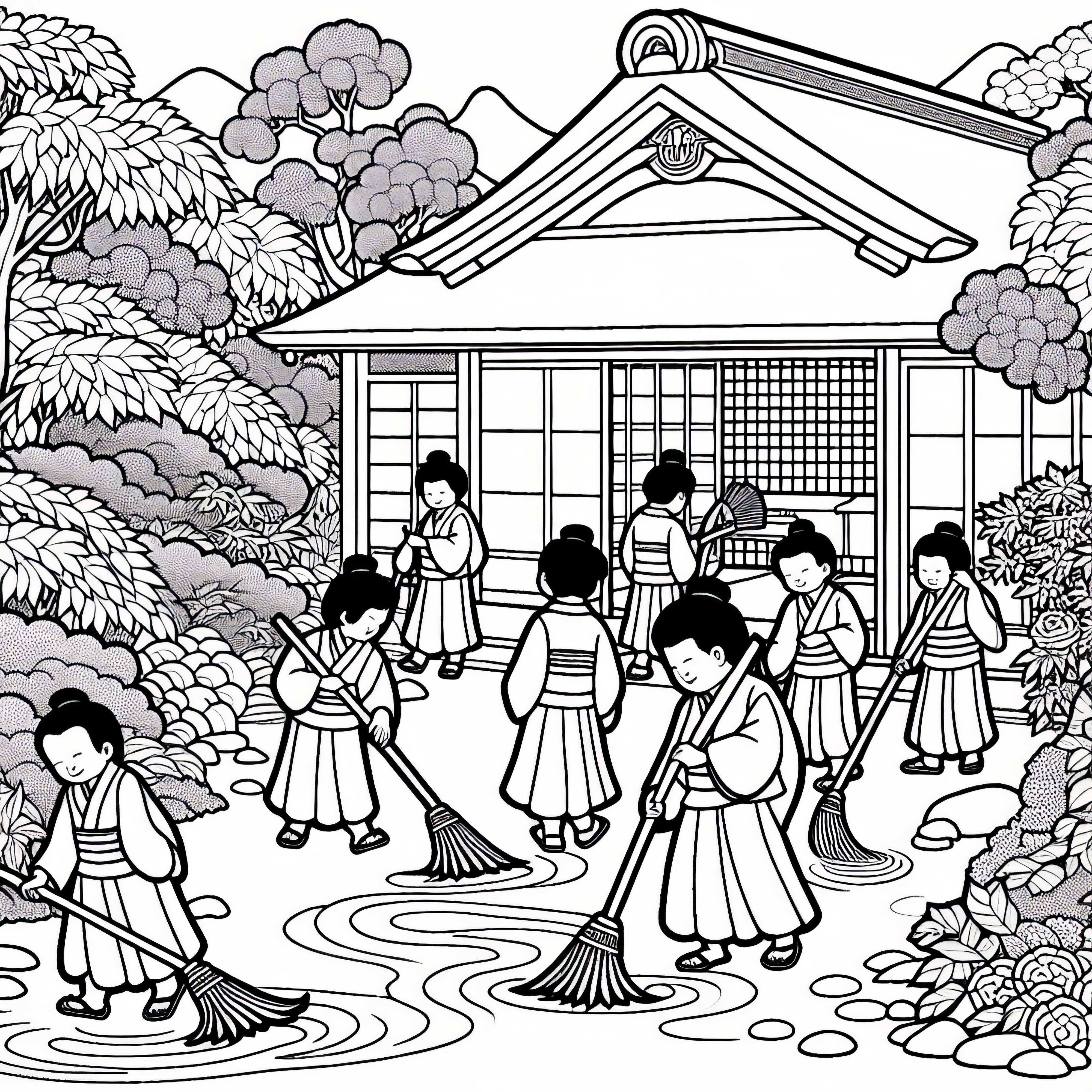 Japanese Garden: Children are sweeping the paths – Coloring picture of Old Japan for free Japanese Garden: Children sweeping the paths – Coloring page Old Japan free
