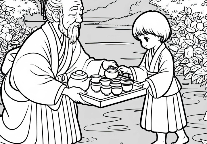 Child brings tea in small bowls for a family ritual – Free coloring template Old Japan