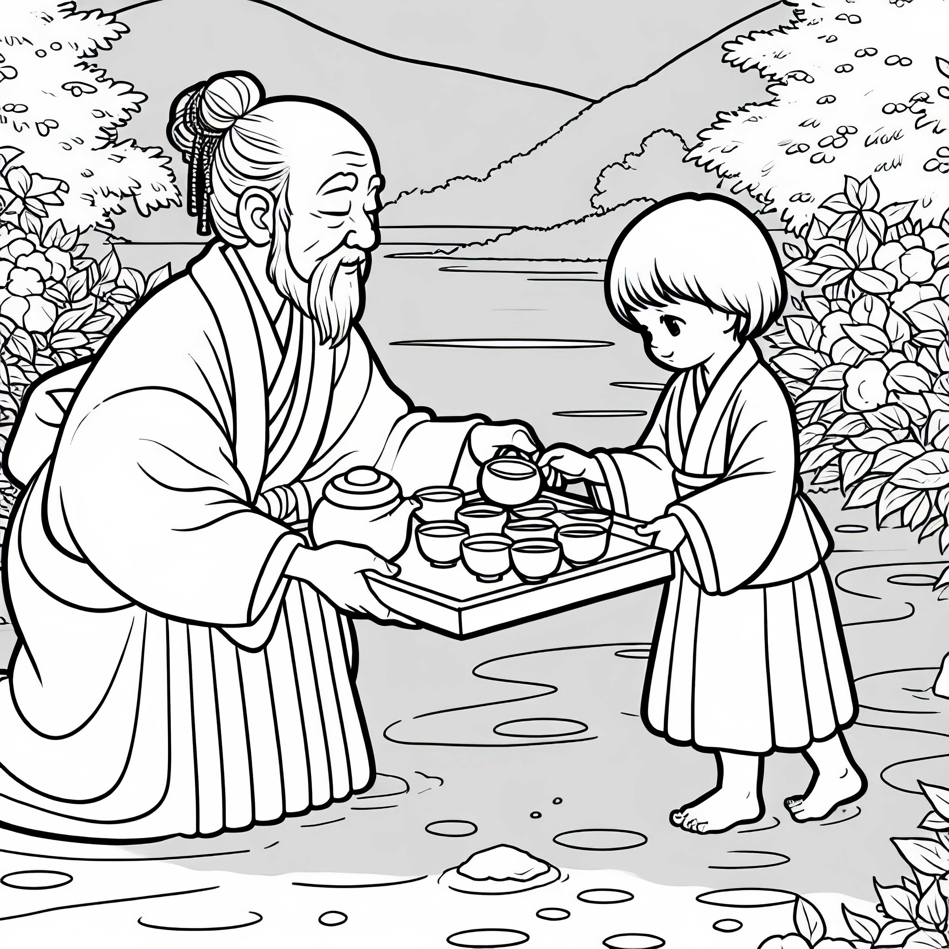 Child brings tea in small bowls to a family ritual – Free coloring template Old Japan Child brings tea in small bowls for a family ritual – Coloring template Old Japan free