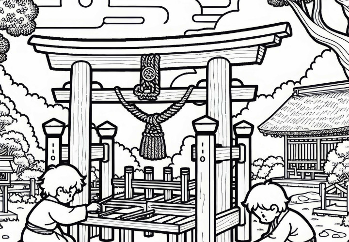 Children at Torii Shrine - Wooden gate - Coloring page - Ancient Japan - Free