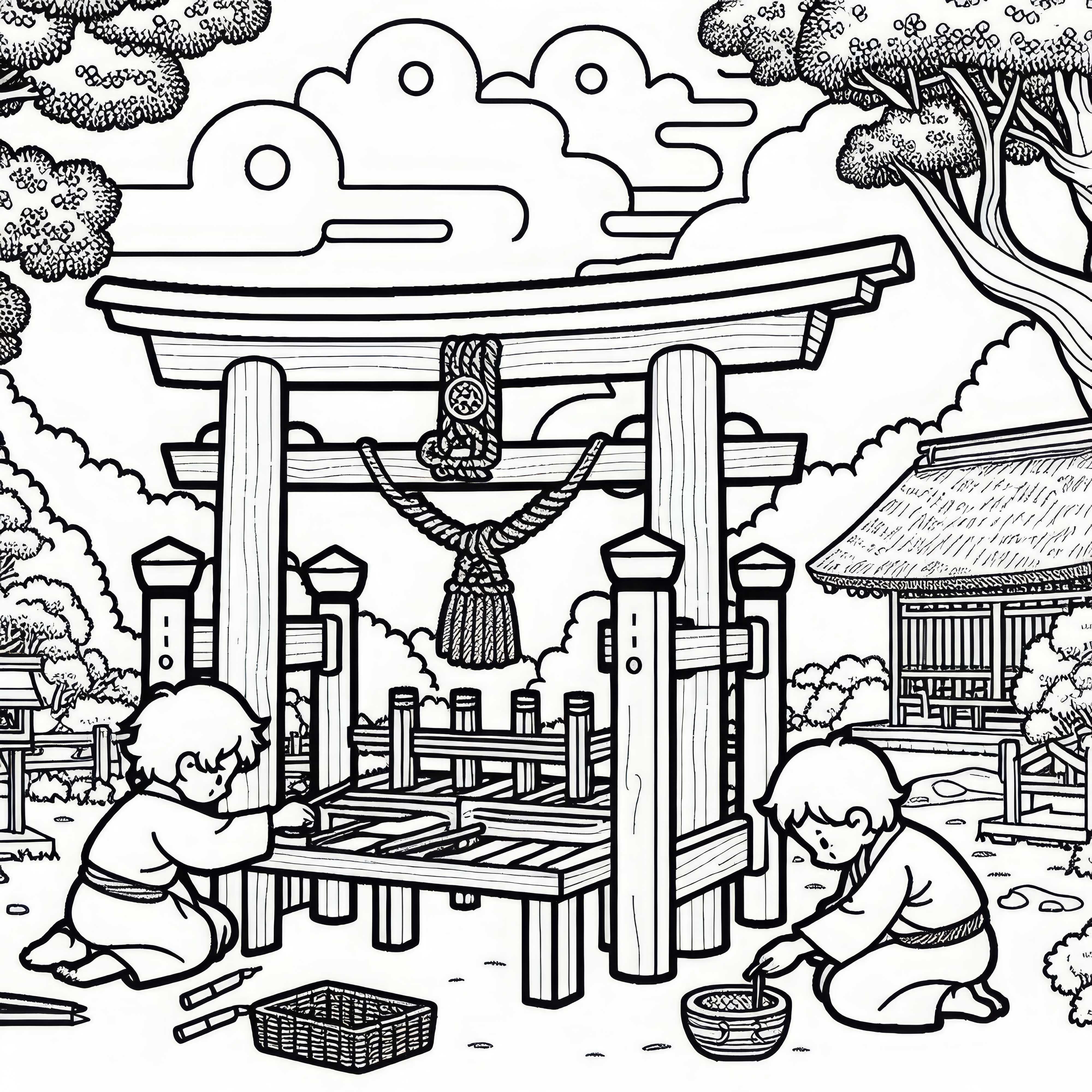 Children at Torii Shrine - Wooden Gate - Coloring Page - Ancient Japan - Free Children at Torii Shrine – Wooden Gate – Coloring Page – Ancient Japan – Free