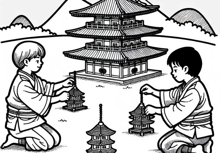 Boys play with self-built mini pagodas – Coloring page Old Japan for free