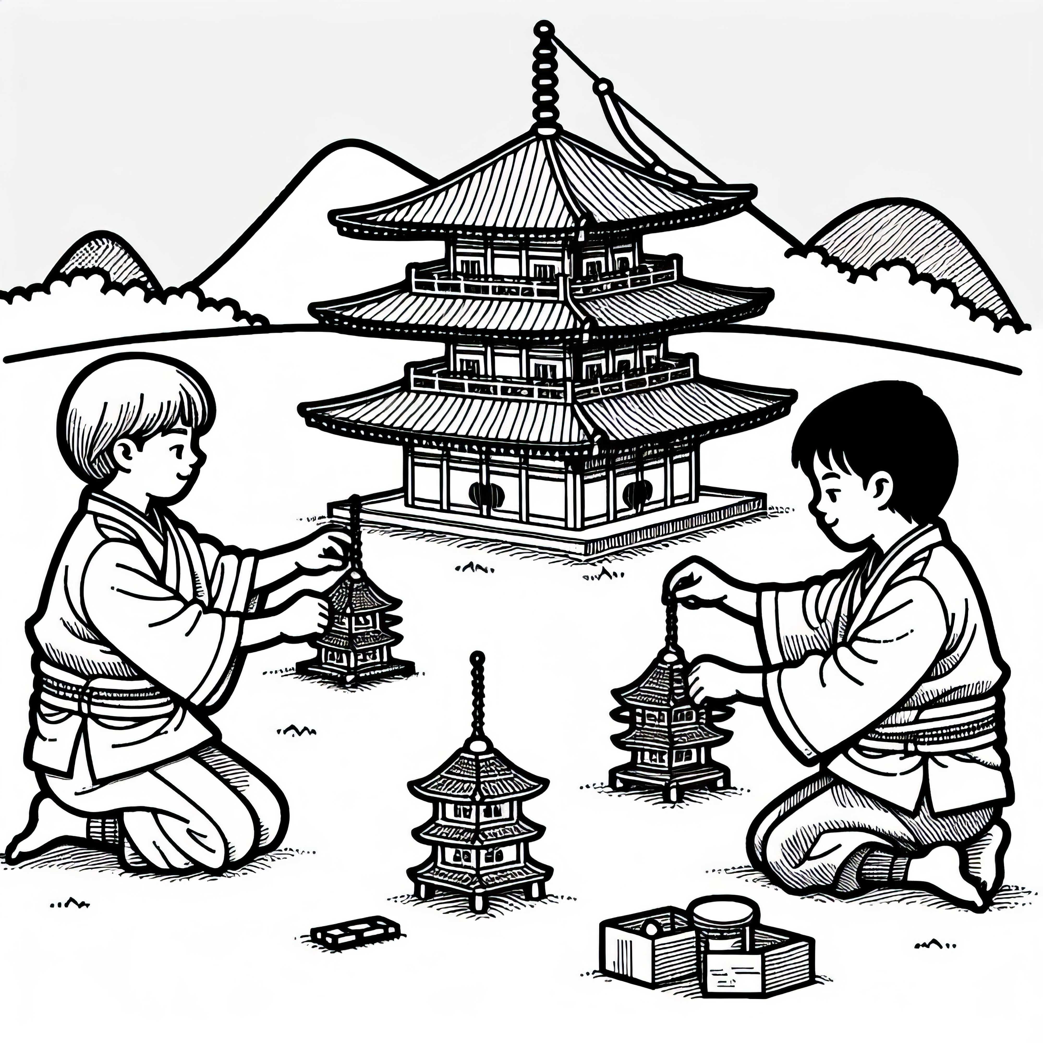Boys play with self-built mini pagodas - coloring template Old Japan free Boys play with self-built mini pagodas – Coloring page Old Japan free
