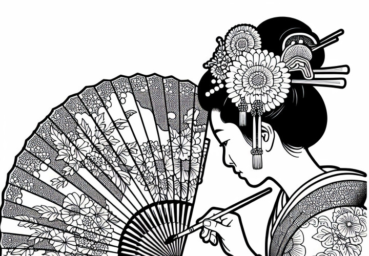 Woman paints a traditional pattern on a fan - coloring page Old Japan for free