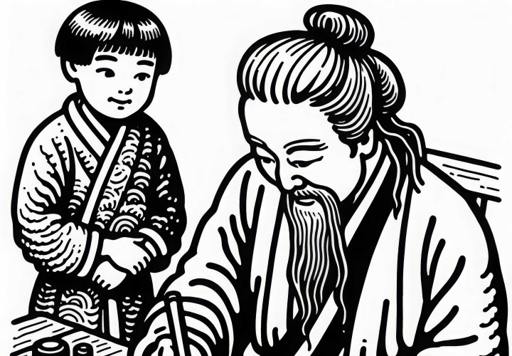 Child watches calligraphy teacher while writing – Free coloring page Old Japan