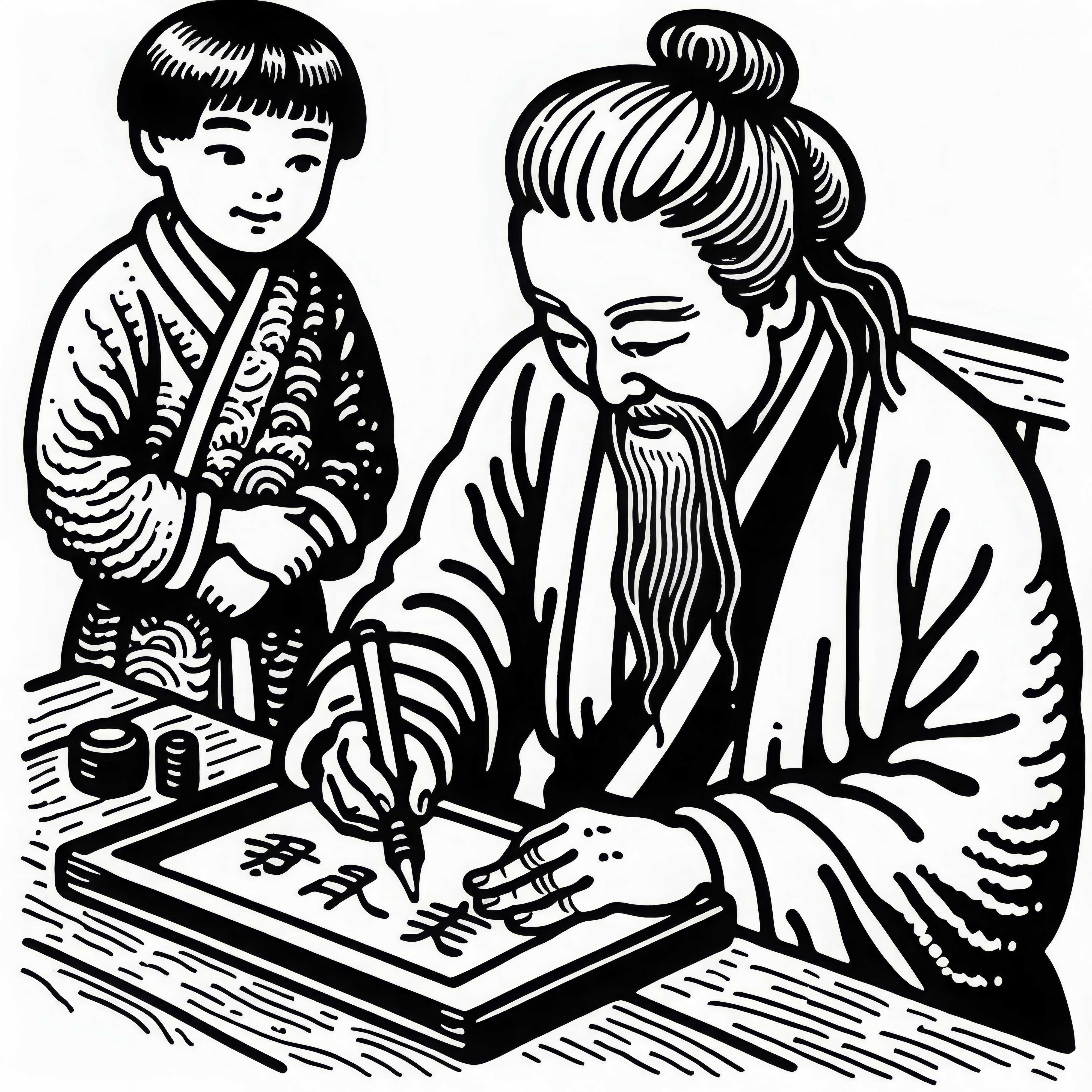Child watches calligraphy teacher writing – Free coloring template Old Japan Child watches calligraphy teacher while writing – Free coloring page of ancient Japan