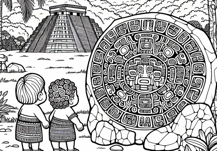 Barn beundrer Maya-kalendersteinen med symboler - gratis fargeleggingsmal