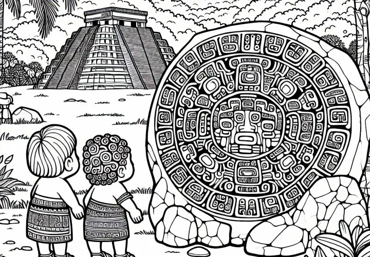 Дети восхищаются майяским календарным камнем с символами - бесплатный раскраски