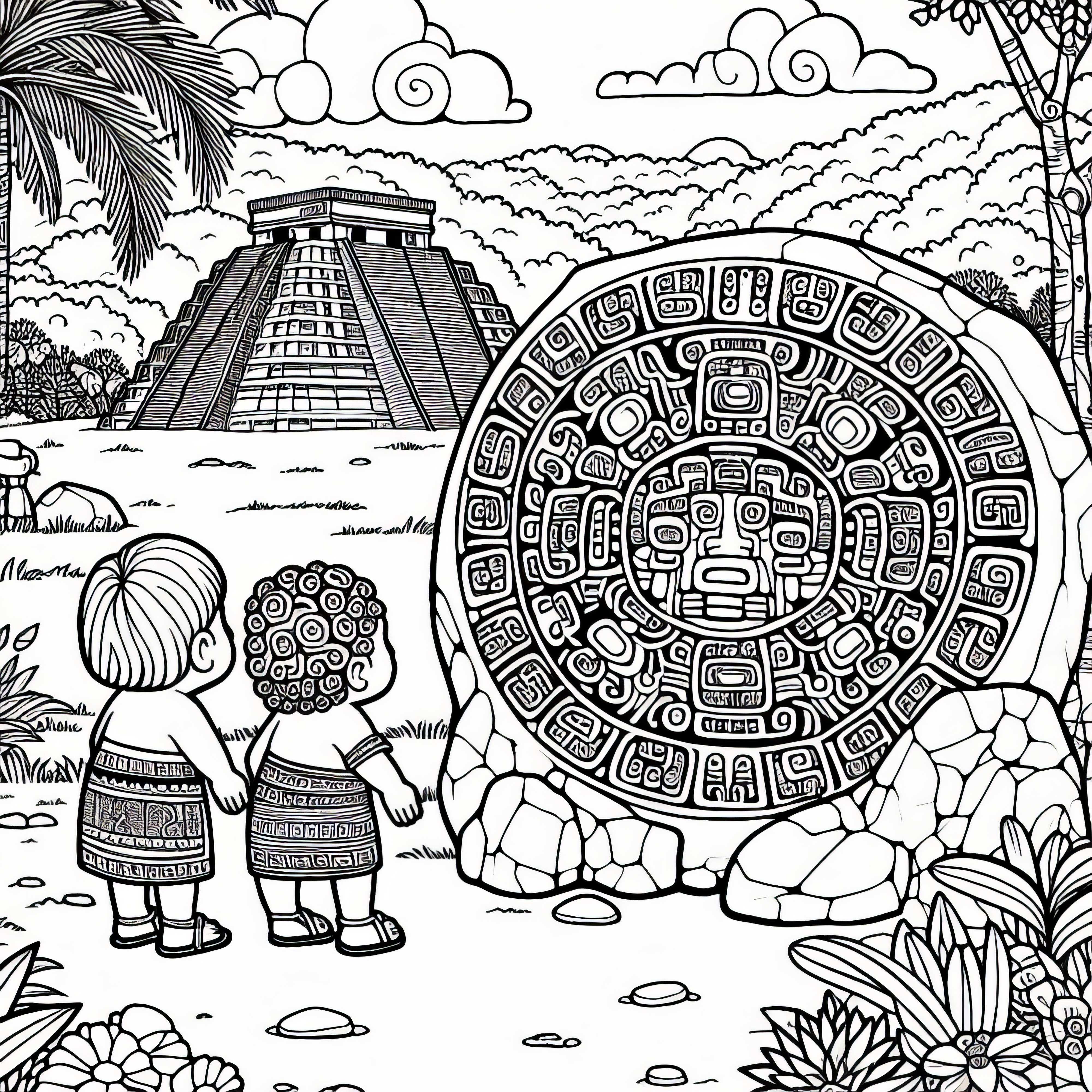 Crian&ccedil;as admirando a pedra do calend&aacute;rio maia com s&iacute;mbolos - Modelo para colorir gr&aacute;tis