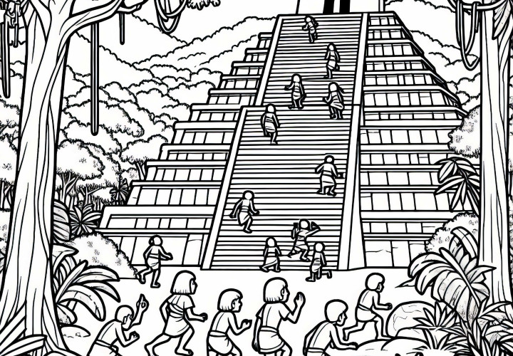 Дети поднимаются по большой ступенчатой пирамиде в джунглях – Бесплатная раскраска Майя