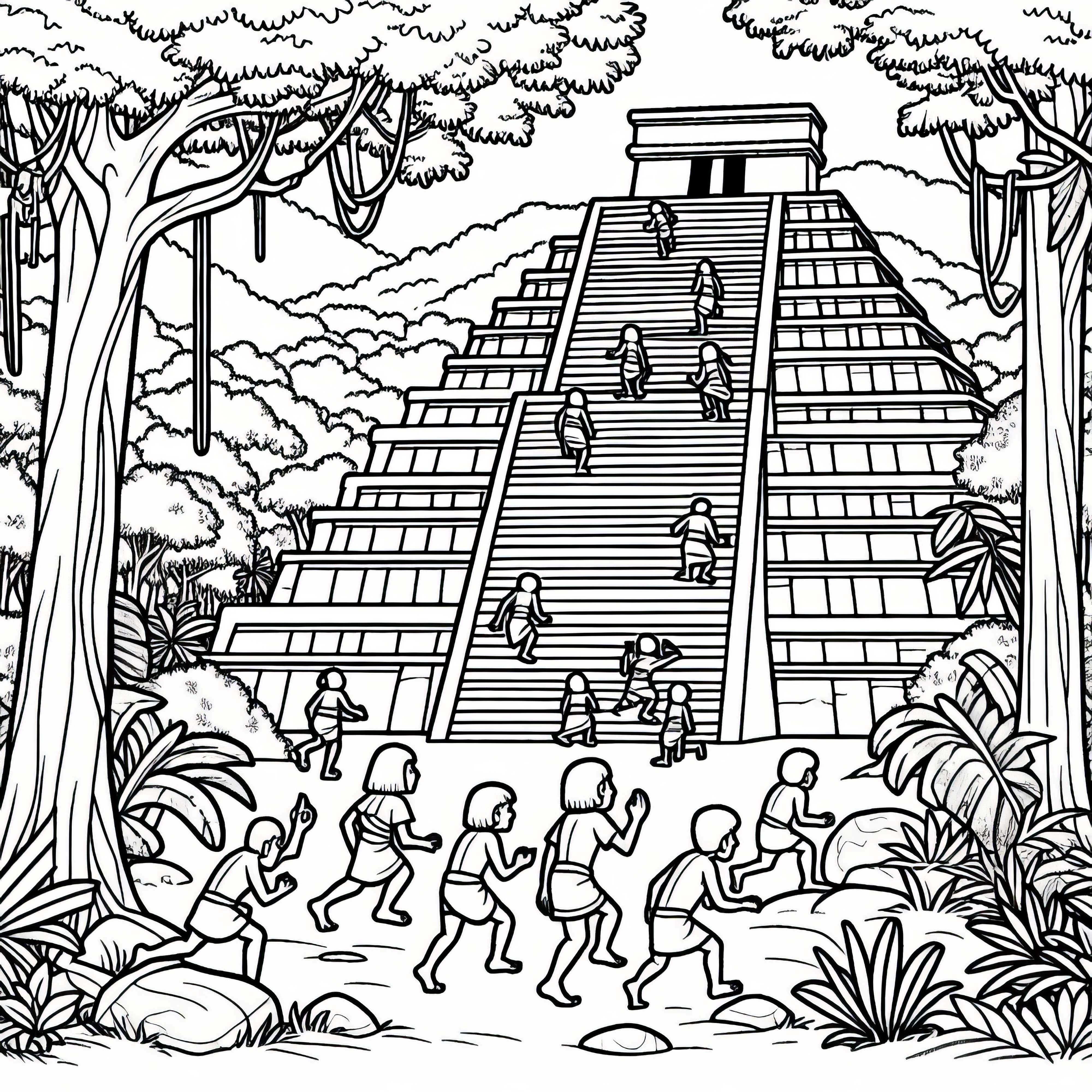 아이들이 정글에 있는 큰 계단 피라미드를 오르고 있습니다 - 무료 마야 색칠 공부 시트
