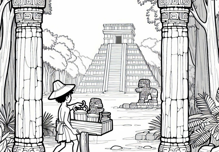 Молодой человек на храмовой площади с резными колоннами, раскраска майя бесплатно