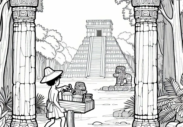 Молодой человек на храмовой площади с резными колоннами, раскраска майя бесплатно