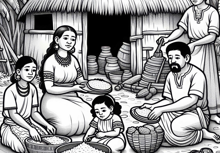 Семья сидит перед хижиной и готовит кукурузные лепешки – бесплатная раскраска майя