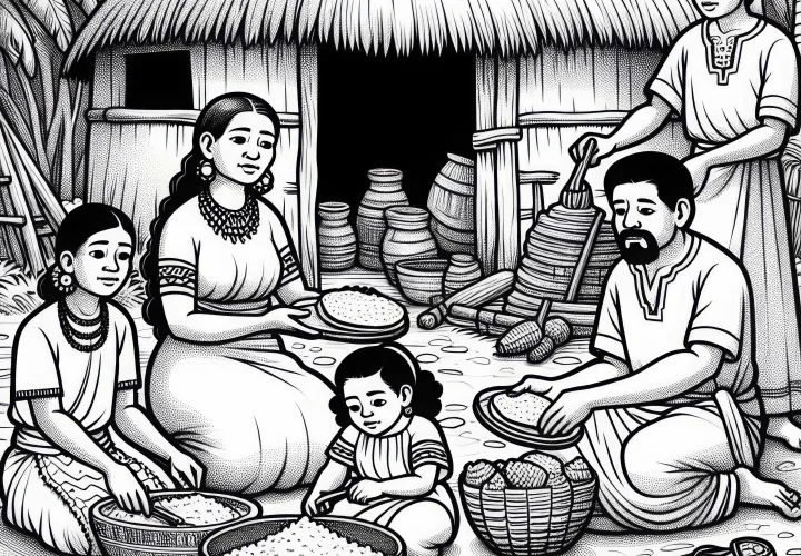 Семья сидит перед хижиной и готовит кукурузные лепешки – бесплатная раскраска майя
