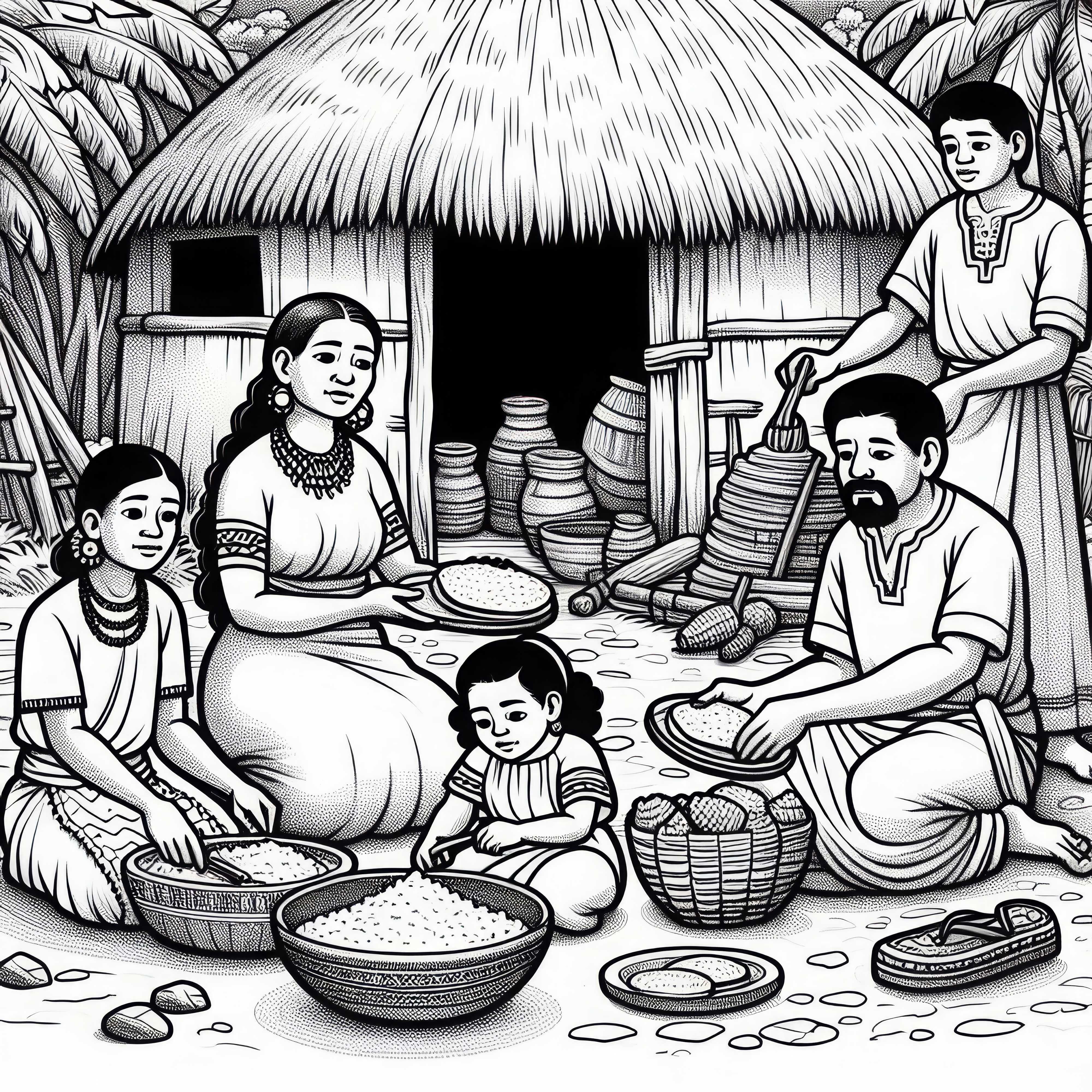 Družina sedi pred kočo in pripravlja koruzne tortilje - brezplačna pobarvanka Maya Družina sedi pred kočo in pripravlja koruzne tortilje – brezplačna predloga za barvanje Maya