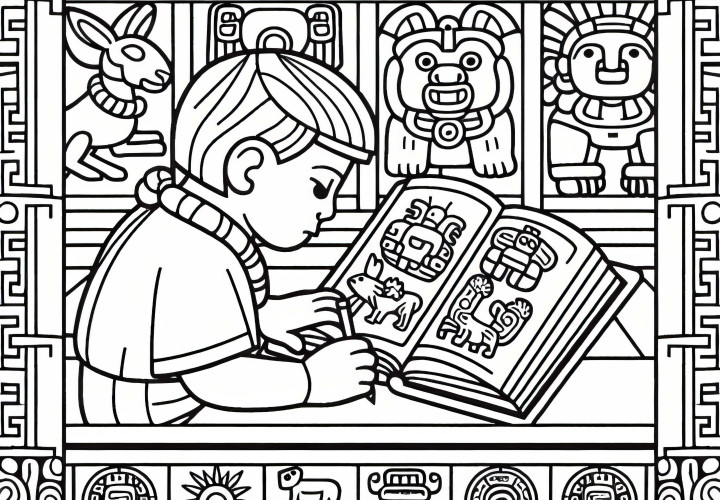 Ребенок рисует животных в тетради по образцу древних майя – раскраска бесплатно