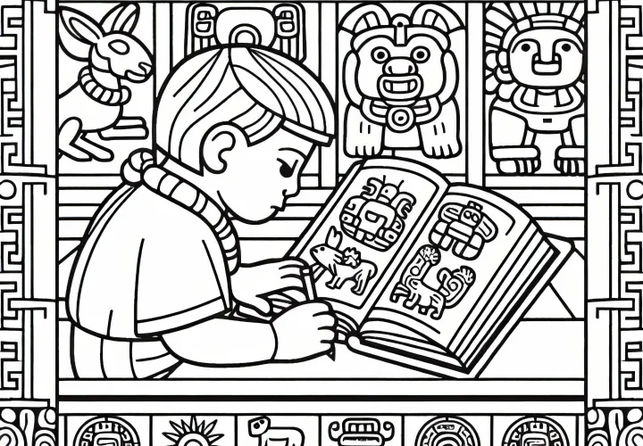 Ребенок рисует животных в тетради по образцу древних майя – раскраска бесплатно