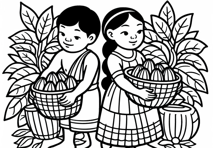 Дети с корзинами, полными какао – бесплатная раскраска Майя