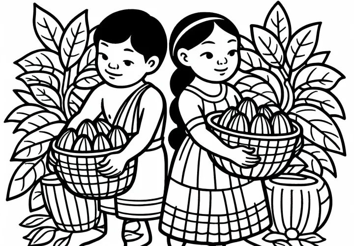 Дети с корзинами, полными какао – бесплатная раскраска Майя