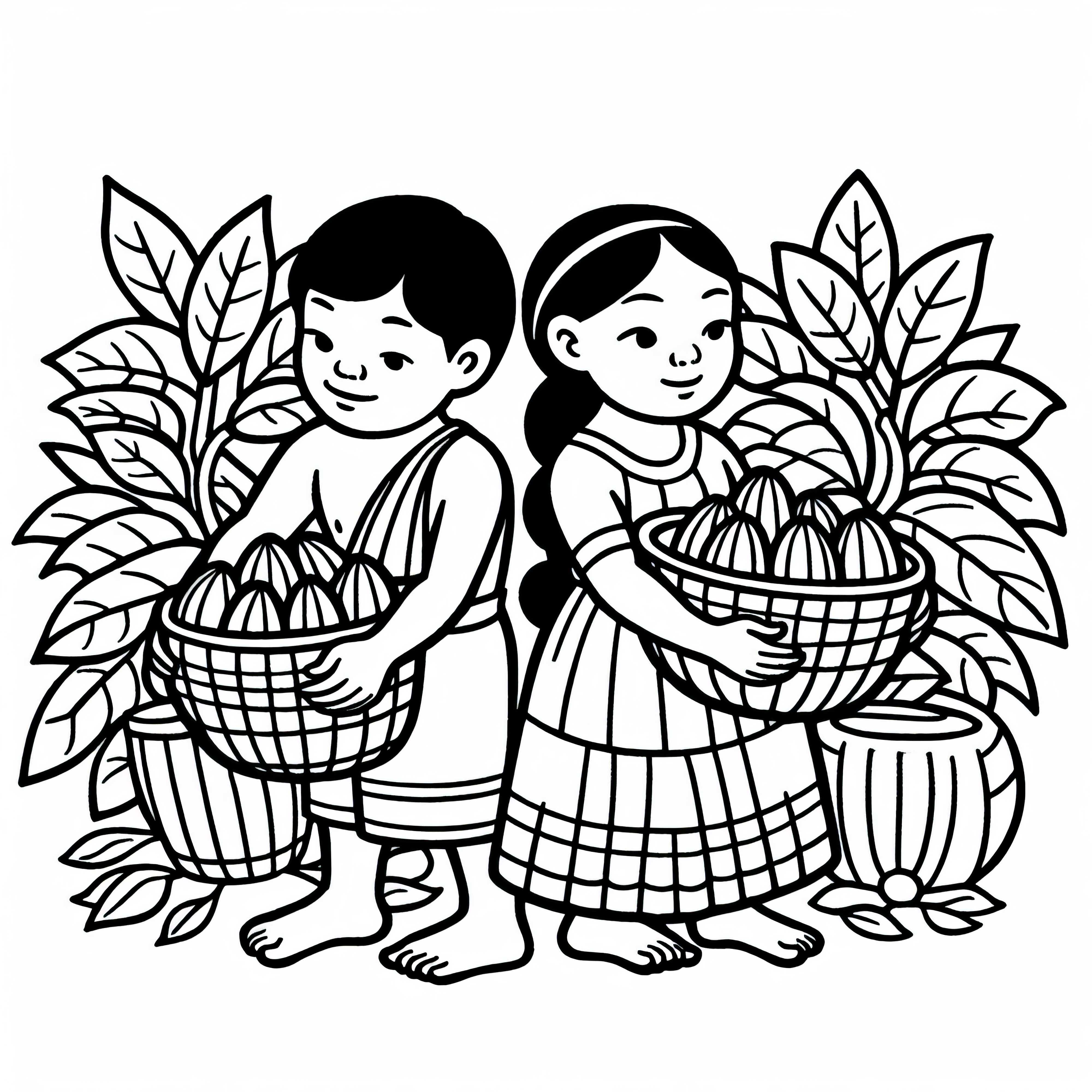 Kinder beim Tragen von K&ouml;rben voller Kakao &ndash; Malvorlage Maya kostenlos
