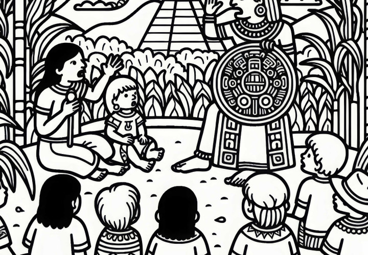 Дети слушают историю о боге кукурузы - бесплатная раскраска майя