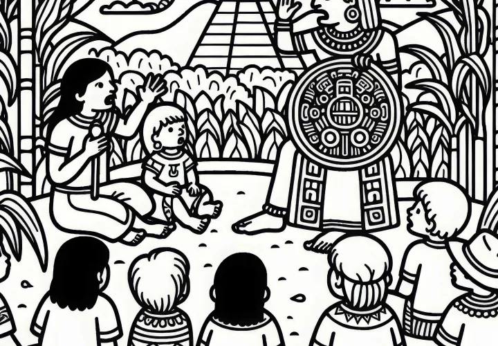 Дети слушают историю о боге кукурузы - бесплатная раскраска майя