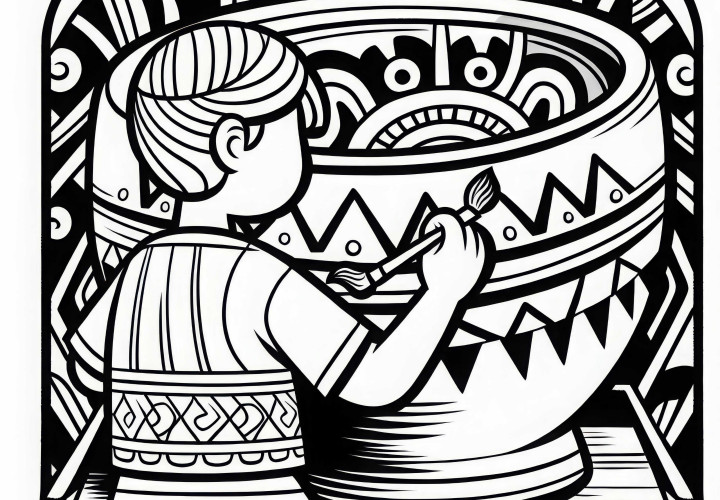 Ребёнок раскрашивает глиняную кружку с геометрическими узорами – Раскраска Мая бесплатно