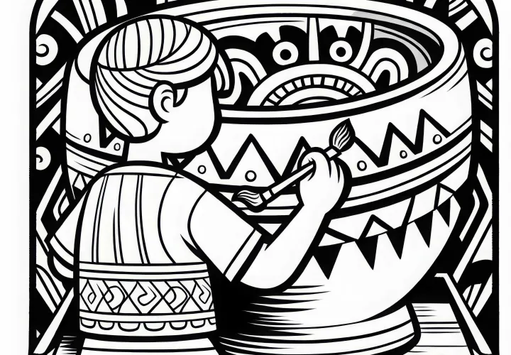 Ребёнок раскрашивает глиняную кружку с геометрическими узорами – Раскраска Мая бесплатно