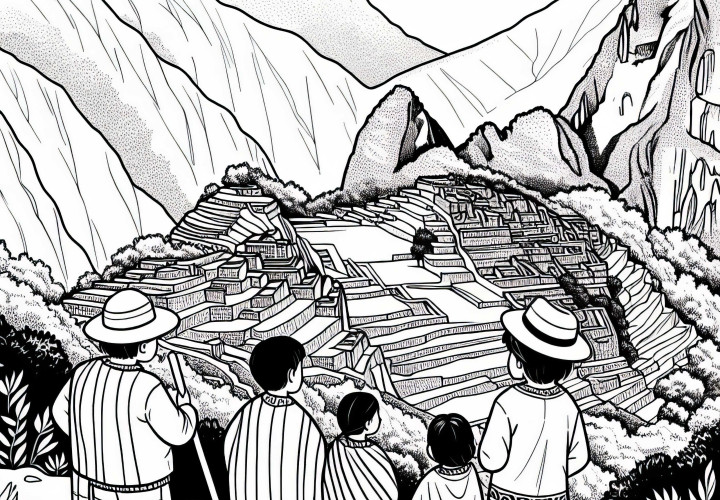 Mennesker står på en høyde og ser på terrassene til Machu Picchu – Fargeleggingsbilde av Inka gratis