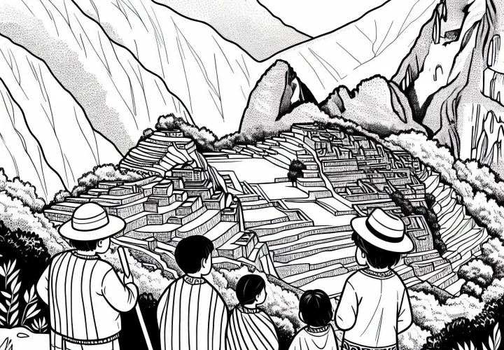 Люди стоят на высоте и смотрят на террасы Мачу-Пикчу – Раскраска инков бесплатно