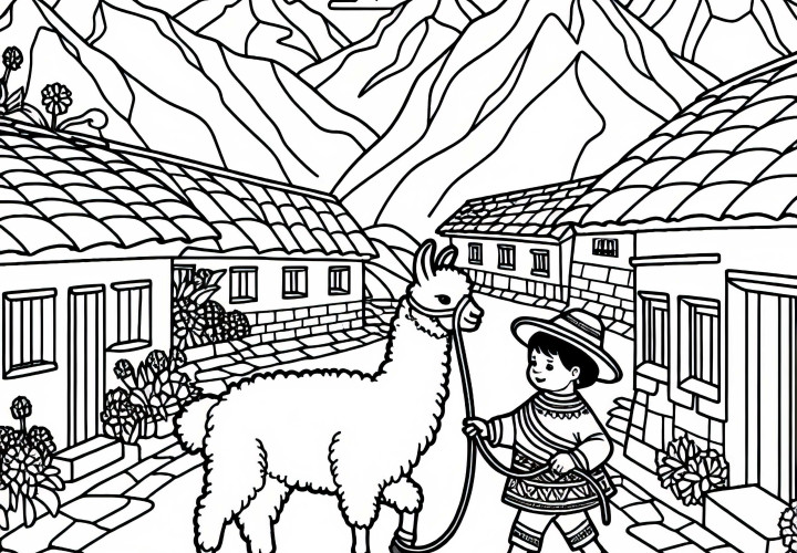 Barn fører lama gjennom fjellandsby - Maleblad Inka kan lastes ned gratis