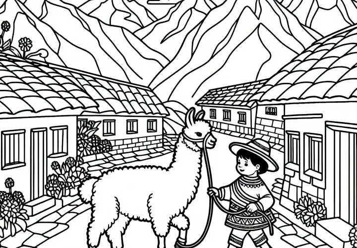 Ребенок ведет ламу через горную деревню – бесплатная раскраска инков для скачивания