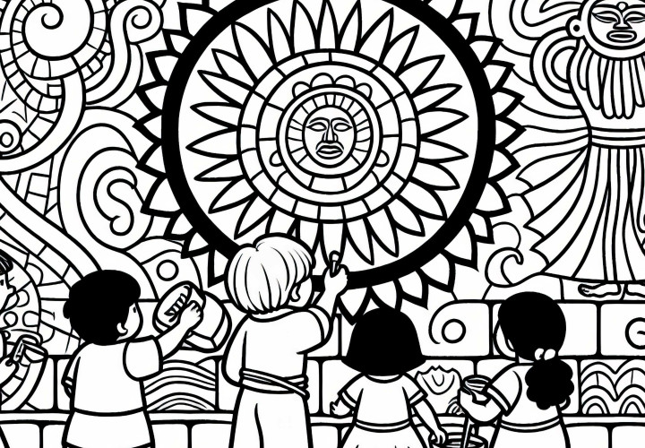 I bambini dipingono un murale con il sole come simbolo centrale - Modello da colorare Inka gratis