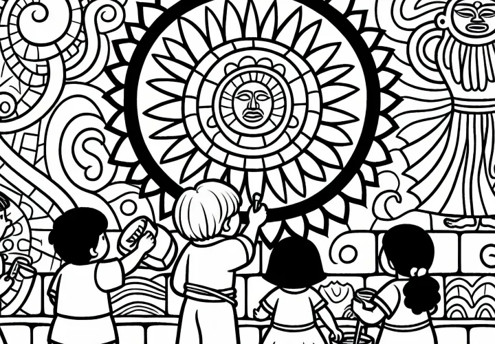 Дети раскрашивают стенное изображение с солнцем в качестве центрального символа – бесплатный рисунок для раскрашивания Инка