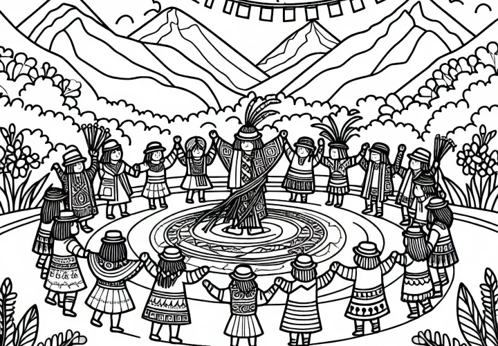 Праздник, дети танцуют в кругу - Раскраска Инков бесплатно