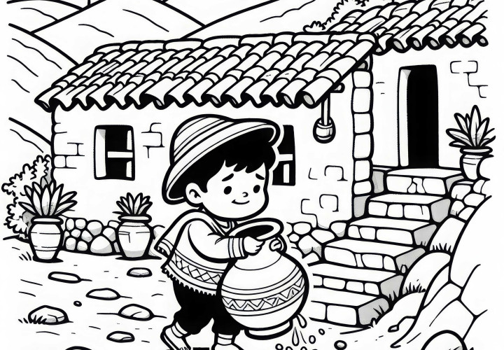 Gutt bringer vann i leirkrukke til huset – Malebilde Inka gratis
