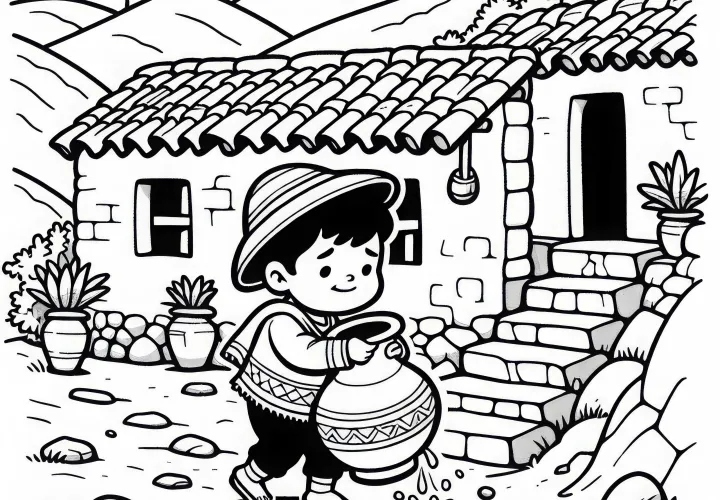 Мальчик приносит воду в глиняном горшке домой – раскраска Инка бесплатно