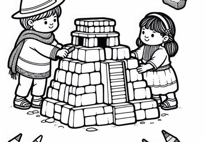 Barn lager en steinmodell av et Inka-tempel – gratis fargeleggingsbilde