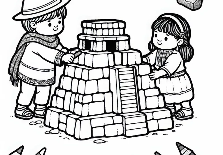 Дети строят каменную модель инкского храма – бесплатная раскраска