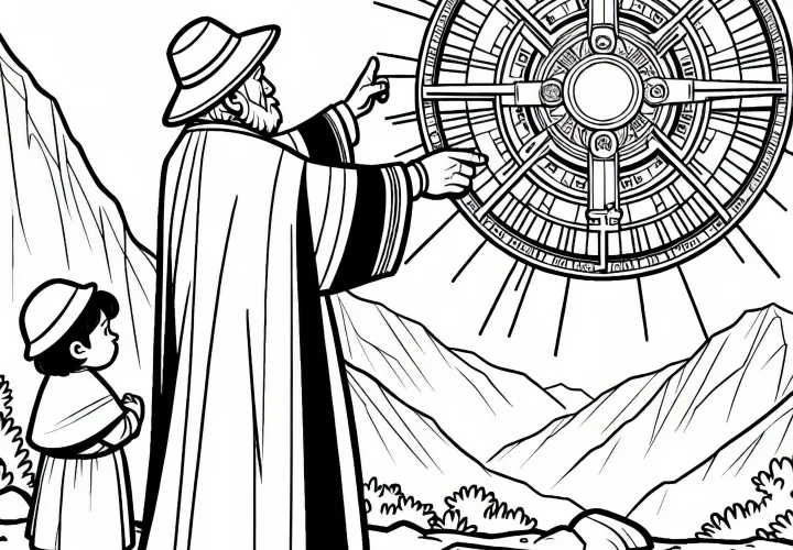 Ребёнок наблюдает за священником, который показывает солнечный инструмент - раскраска инков бесплатно