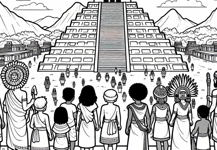 Children look at pyramid coloring template Aztecs for free